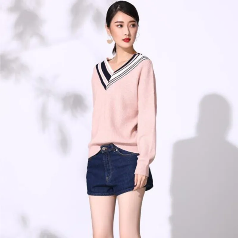 С длинным рукавом V шеи полосатый вязаный джемпер на осень-зиму мода трикотаж