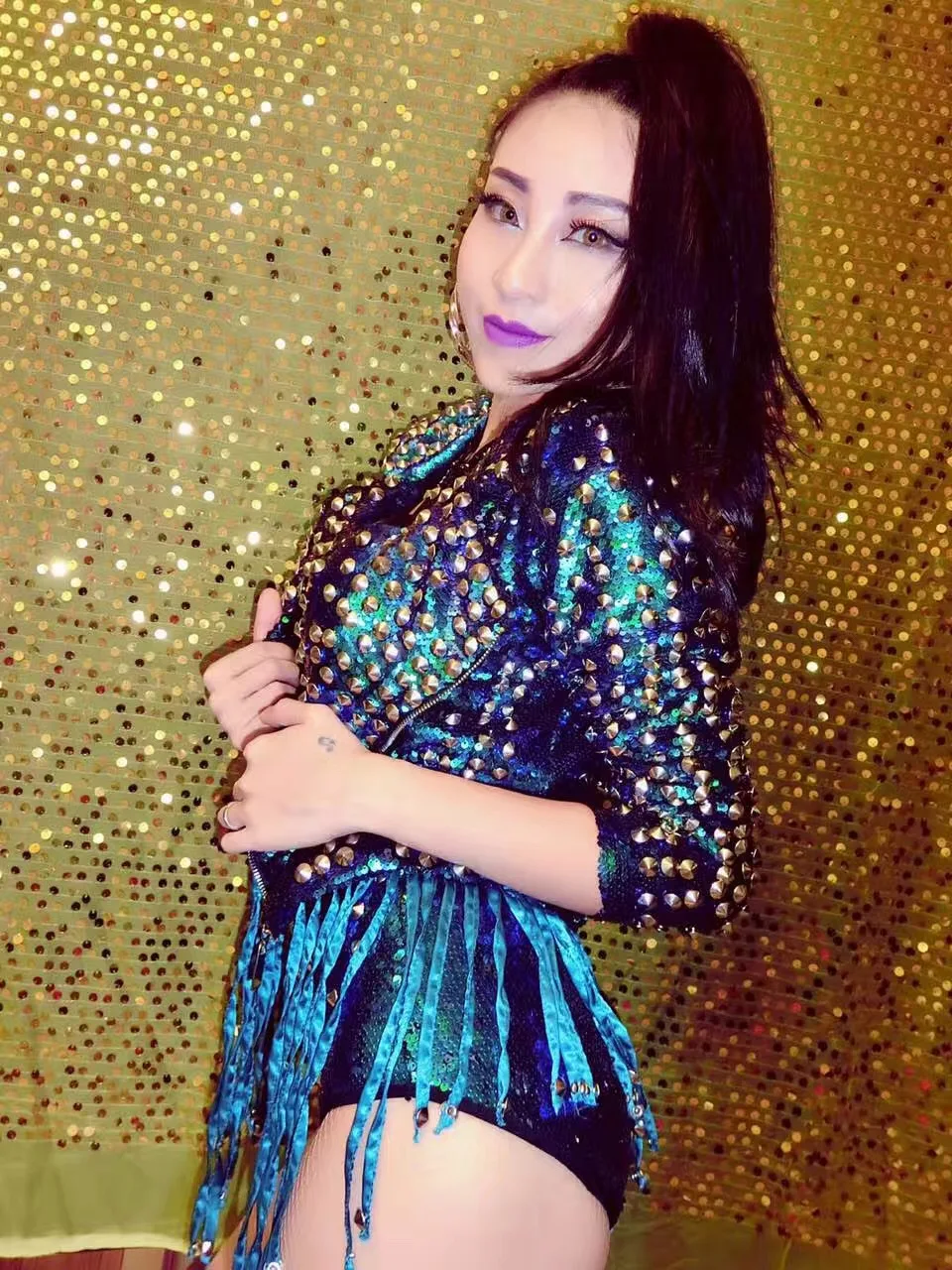 Green Rivets Tassel Punk Jakcet Female Singer Costume Coat Bra High Waist Shorts Stage Performance Nightclub Party Outfit Set |