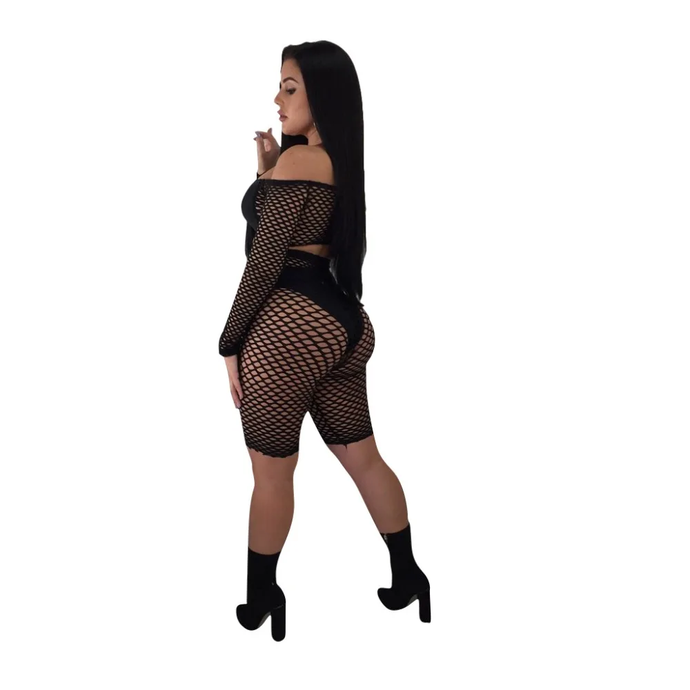 BKLD Women Outfits 2021 Mesh Set Off The Shoulder Top Knee Length Pants Sexy Fishnet Crop Tops S-3XL Plus Size Bodycon Two Piece |