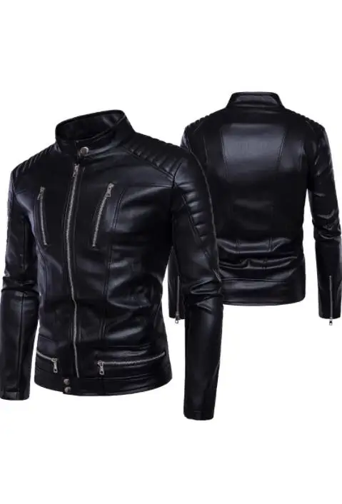 

Punk rock motorcycle leather jacket men Multiple zipper clothing mens leather jackets stand collat short pu coats biker black