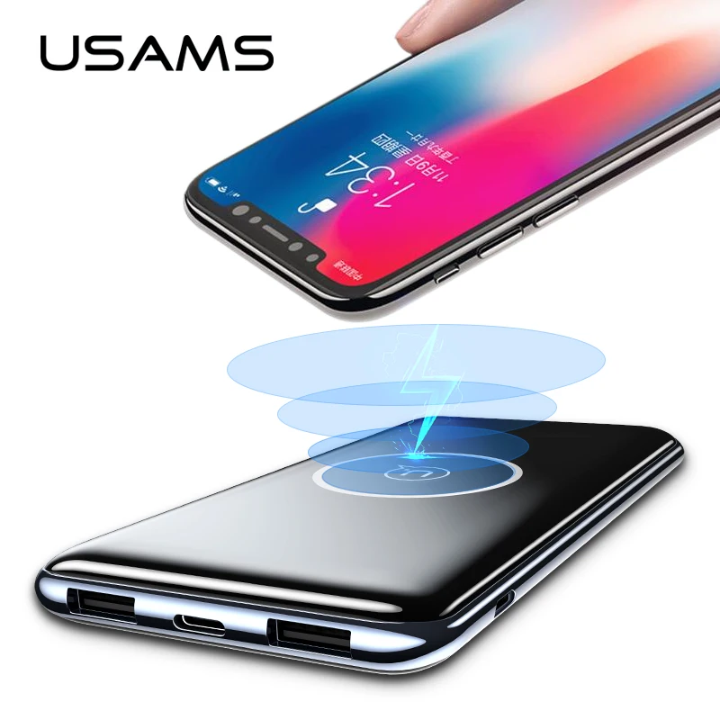 Два порта usb 10000mah power Bank беспроводной блок питания USAMS QI встроенная беспроводная