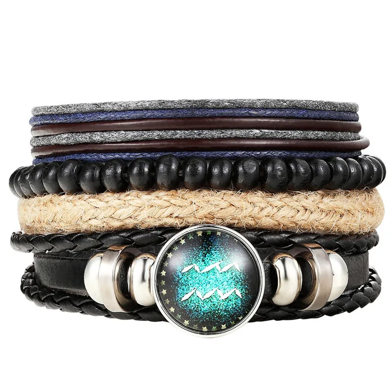 4Pcs/set Black Leather Zodiac 12 Constellation Sign with bead zodiac Bracelet Bracelets &amp Bangles For Women Men | Украшения и