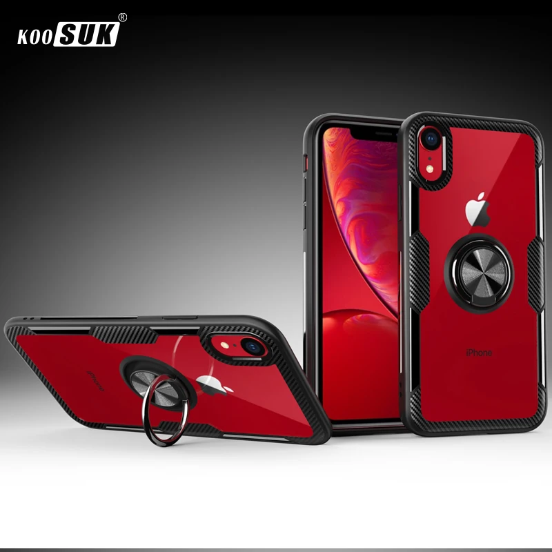 Для iPhone XR чехол Роскошный прозрачный PC + Углеволокно полная защита кольцо