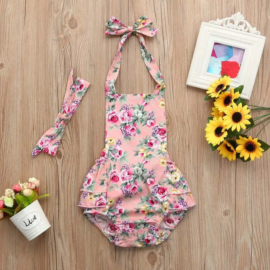 Боди с цветочным принтом Sunsuit2018 детская одежда для новорожденных девочек с цветочным принтом облегающий костюм с вырезом на спине для маленьких девочек на возраст от 0 до 18 месяцев, Костюмы для вечерние wendding - Цвет: Розовый