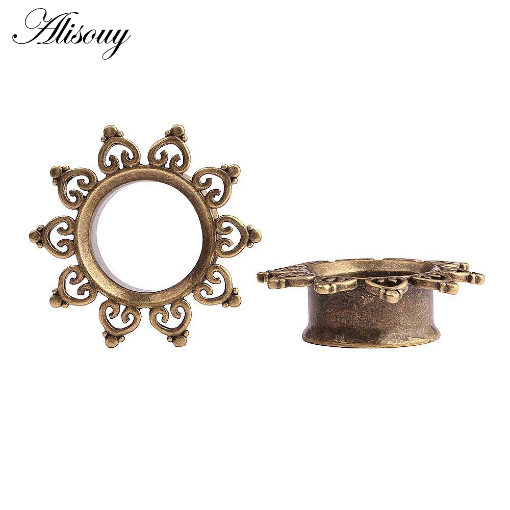 Alisouy, 1 пара, винтажные, антикварные, латунные, для уха, телесный, тоннель, сердце, полый, любовь, цветок, двойная вспышка, для уха, калибр, пирсинг, ювелирные изделия для тела
