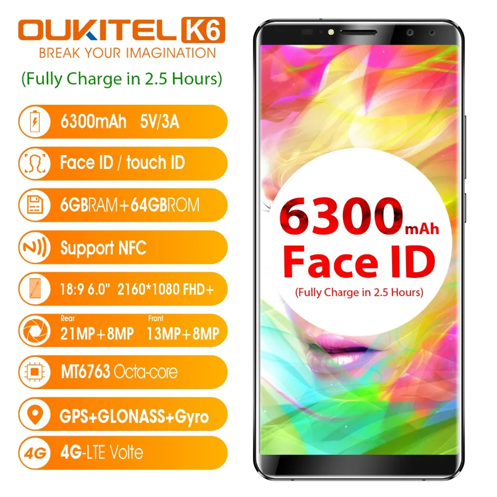 Отремонтированный Oukitel K6 6 0 ''Face ID ГБ Оперативная память 64 Гб Встроенная MTK6763 Octa