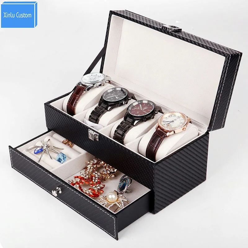 

Watch Jewelry Box Black Leather Watch Display 2 Layer Box 4 Slot Organizer Lockable Case Drawer Wedding Birthday Gift Drop Send