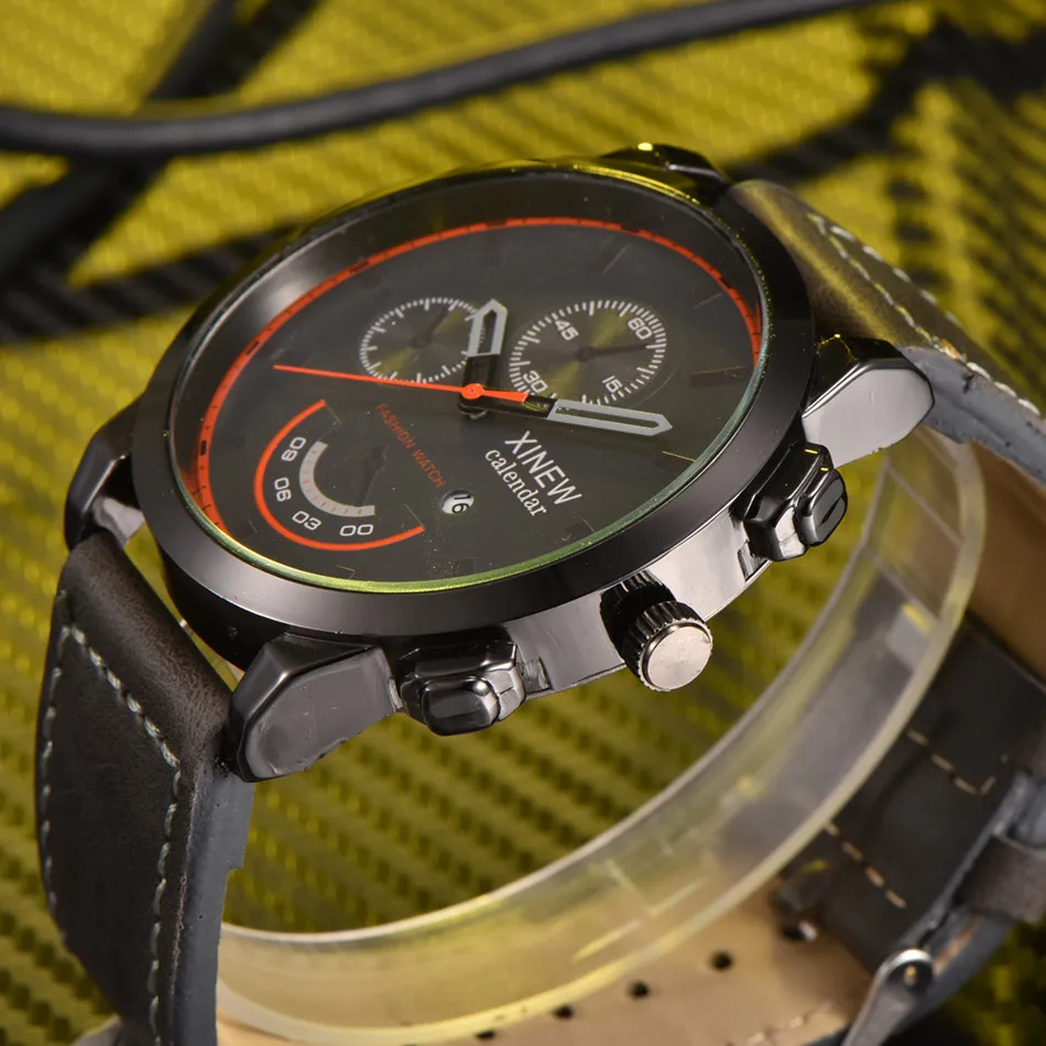Мужские классические кварцевые часы XINEW спортивные водонепроницаемые с кожаным