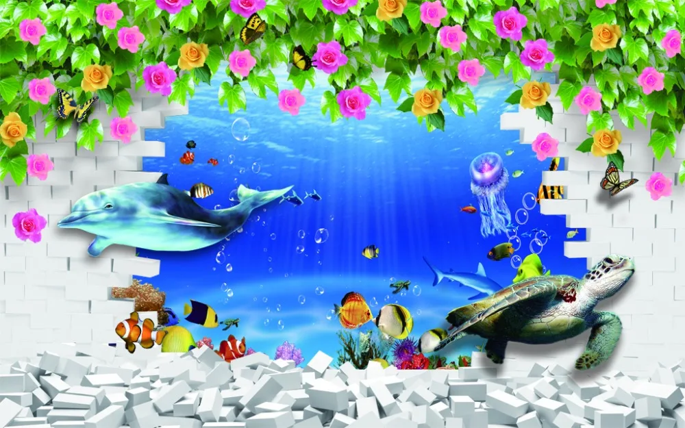 

European Printing 3D Curtains dolphin The Living Room Bedroom Sheer Curtains Creative Rose wall Children Room Curtains
