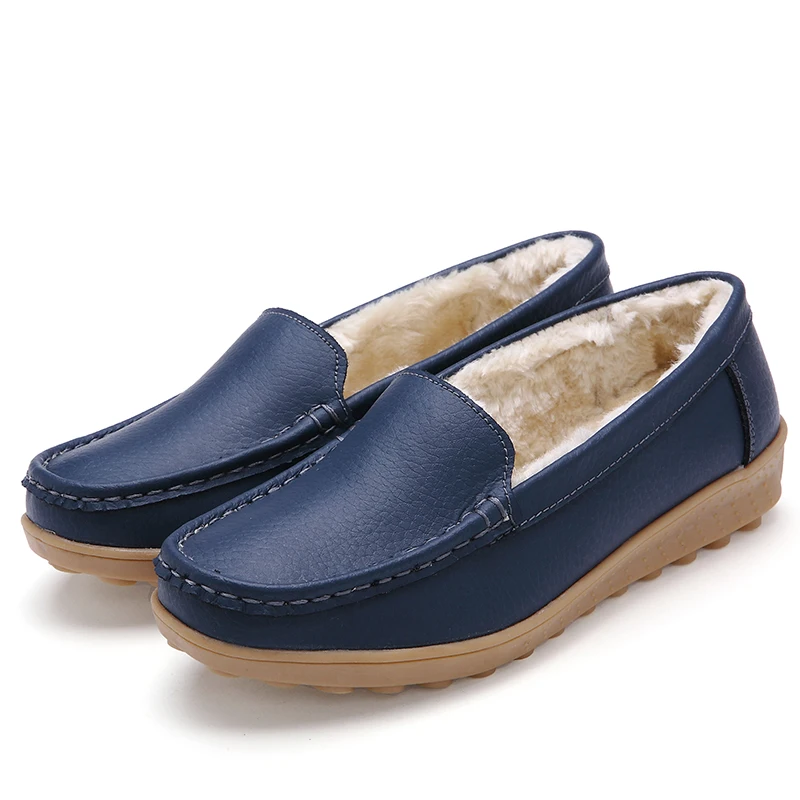 Navy Fur JZZDDOWN/мягкие туфли на плоской подошве из натуральной кожи; женская обувь на высоком каблуке 2,5 см женская зимняя обувь на плоской подошве с мехом - Цвет: Navy Fur