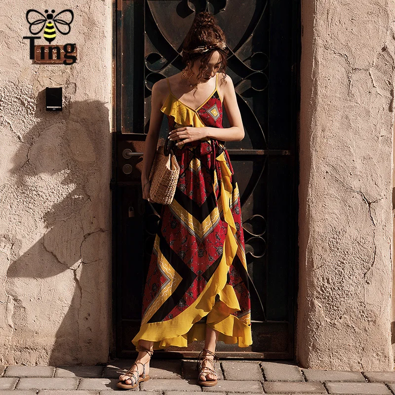 Tingfly 2019 Летнее новое платье в стиле бохо с бретелью, открытой спиной, оборками и разрезом Пляжный отдых Цветочный богемный повседневный длинный.