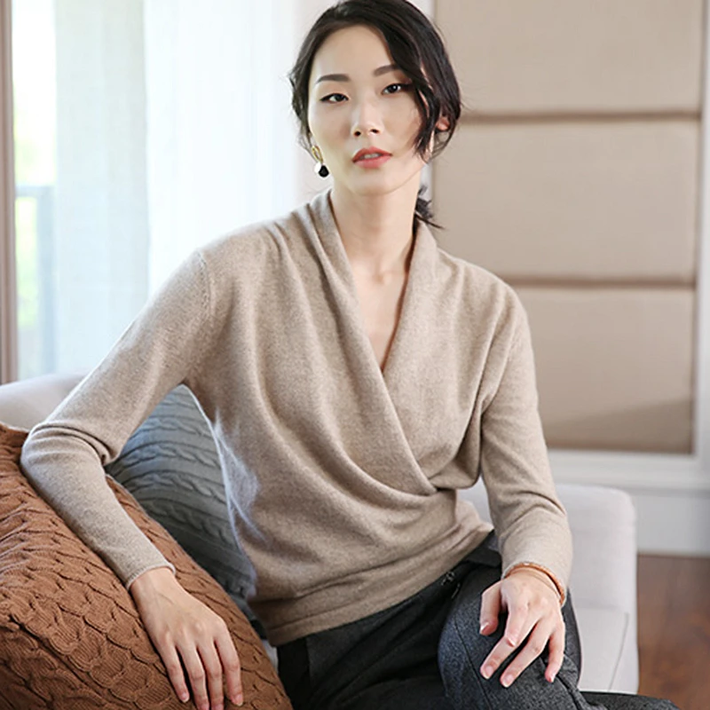 100% Cashmere Sweater Women Simple Design Cross V Neck Long Sleeves 2 Colors Ladies Casual Pullovers Knitwear 2017 New Fashion | Женская