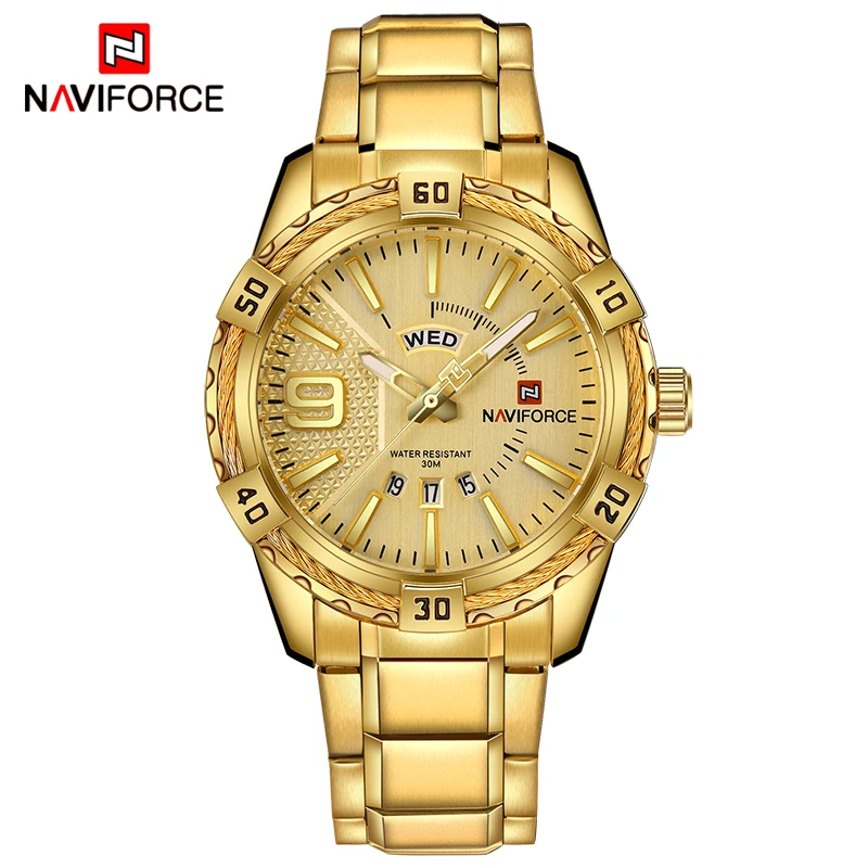 Часы наручные NAVIFORCE Мужские кварцевые модные роскошные брендовые золотистые