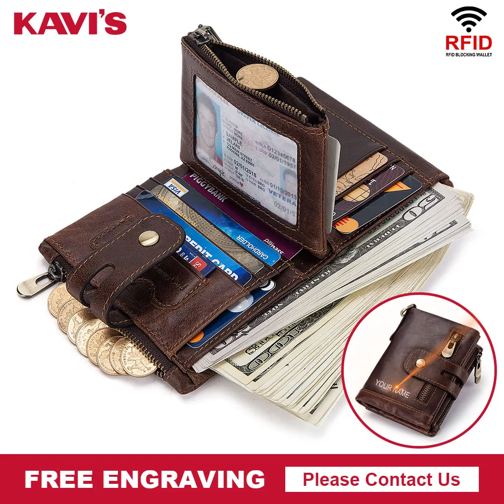 KAVIS Бесплатная гравировка Rfid кошелек из натуральной коровьей кожи мужской для