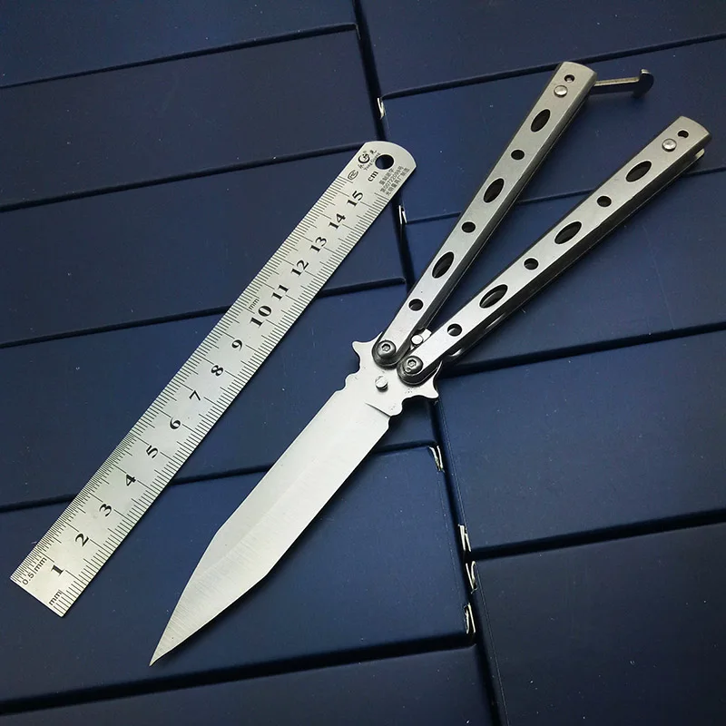 

Tactical Practice BUTTERFLY in knives no Sharp Tools unsharp Knife Silver Titanium Stainless Steel Metal Bali song EDC Toys