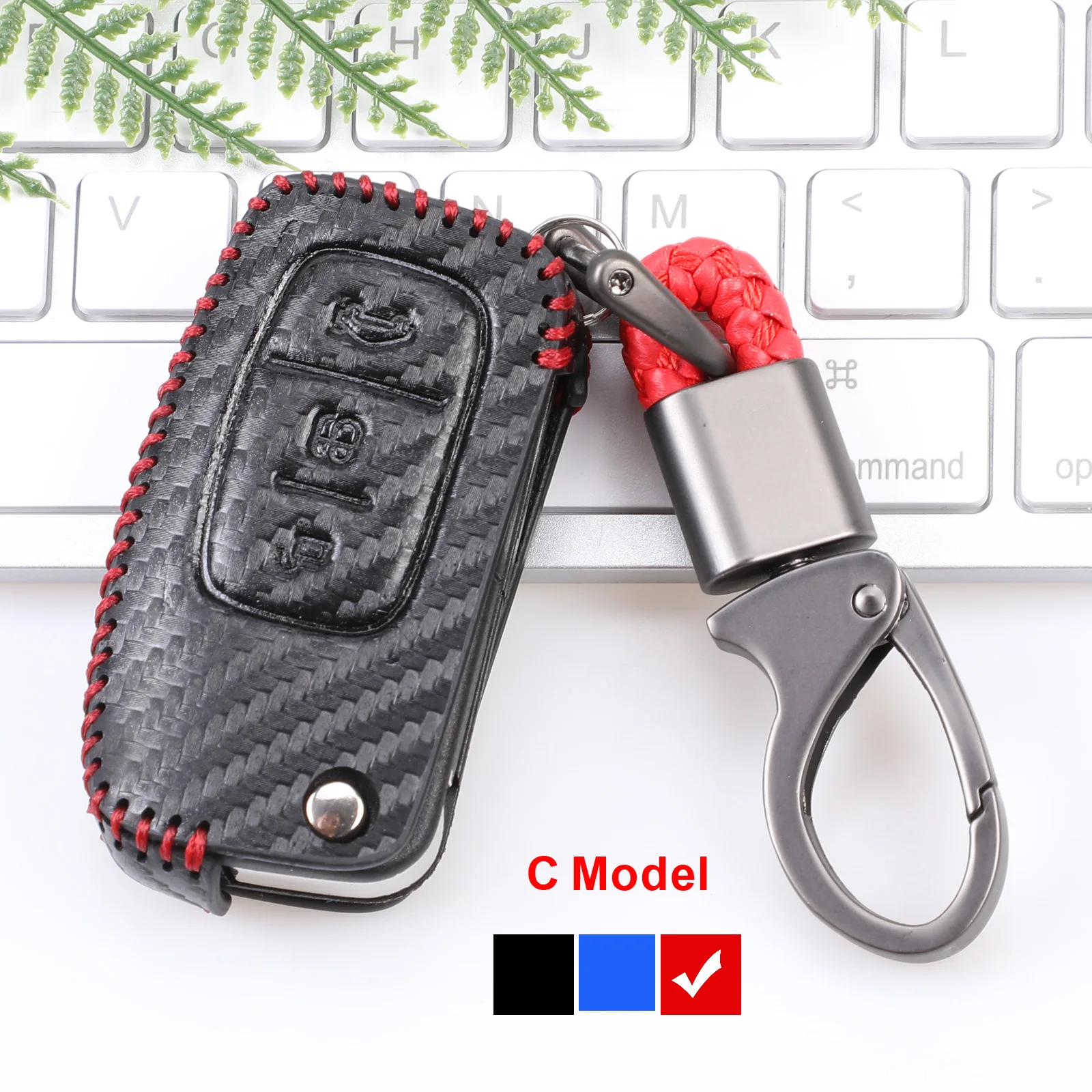 C model Red УГЛЕРОДНЫЙ автомобильный Стильный кожаный чехол для ключей для Ford Focus 2 3 4 MK2 MK3 MK4 Kuga Edge Mondeo Fusion Ecosport Fiesta - Название цвета: C model Red