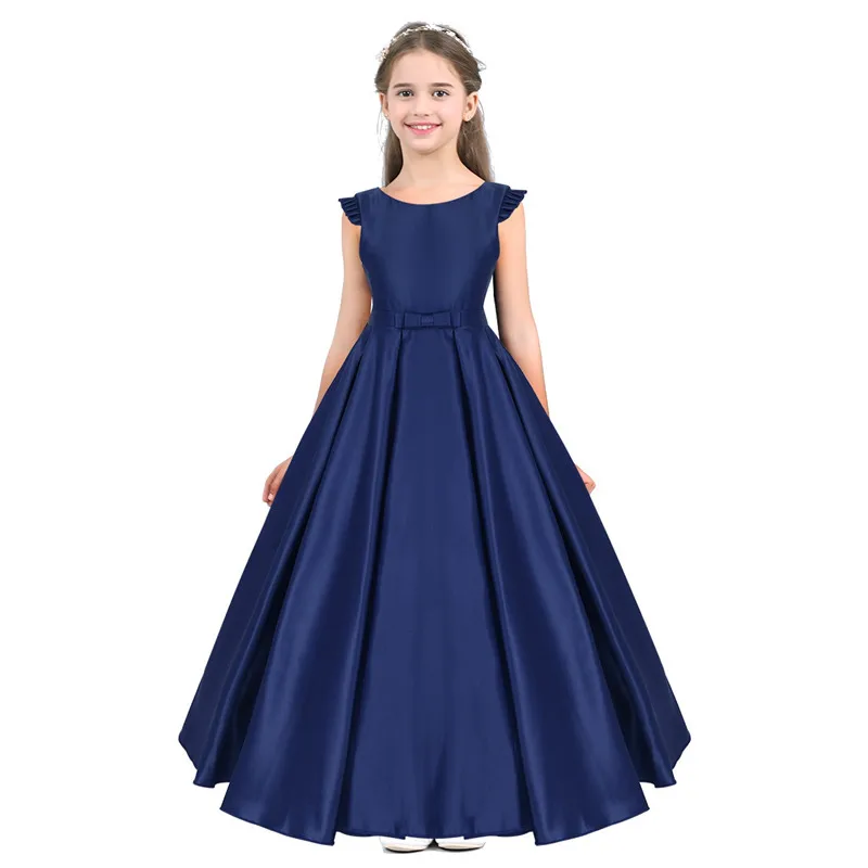 Navy Blue Атласное платье в пол с цветочным узором для девочек для свадебной вечеринки; детское платье принцессы с оборками и рукавами-крылышками, бантом и v-образным вырезом на спине - Цвет: Navy Blue