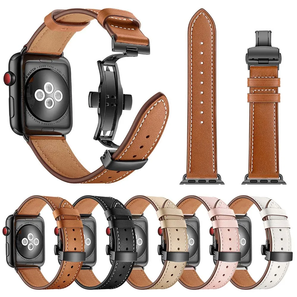 Мужской/женский ремешок из натуральной кожи для Apple Watch Band 42/38/44/40 мм Высококачественный браслет с застежкой-бабочкой серии 5 4 3 2 1