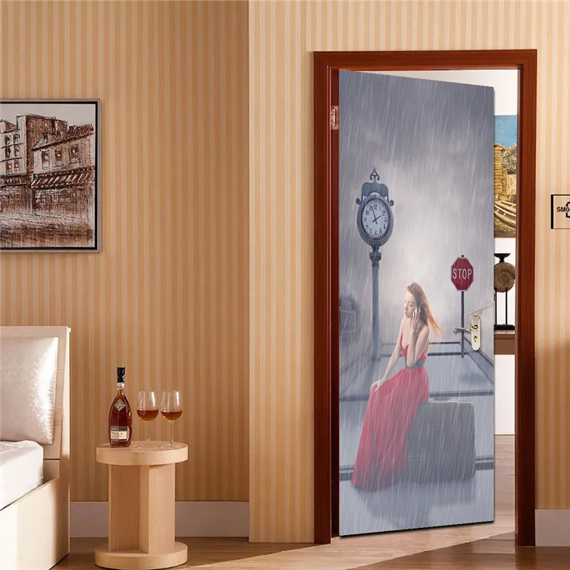 Removable Door Stickers Beautiful Woman In The Rain Waterproof Living Room Bathroom Wallpaper Self-adhesive Gate Art Mural | Дом и сад
