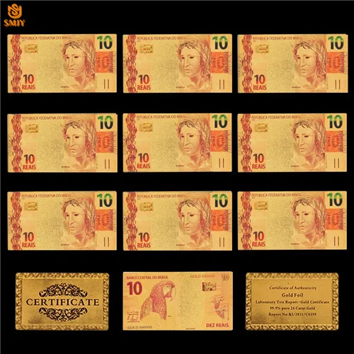 10 Reals 10 шт в партии цветные золотые Brazil Бразилия$20 Reais золотые банкноты из фольги сувенир сбор бумажных денег и подарков - Цвет: 10 Reals