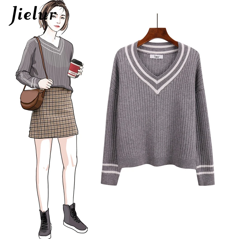 Jielur Crop Top Sweater Striped V-neck Korean Classic College Student Female Loose Sweaters Fashion 2019 Women Knitwear | Женская одежда