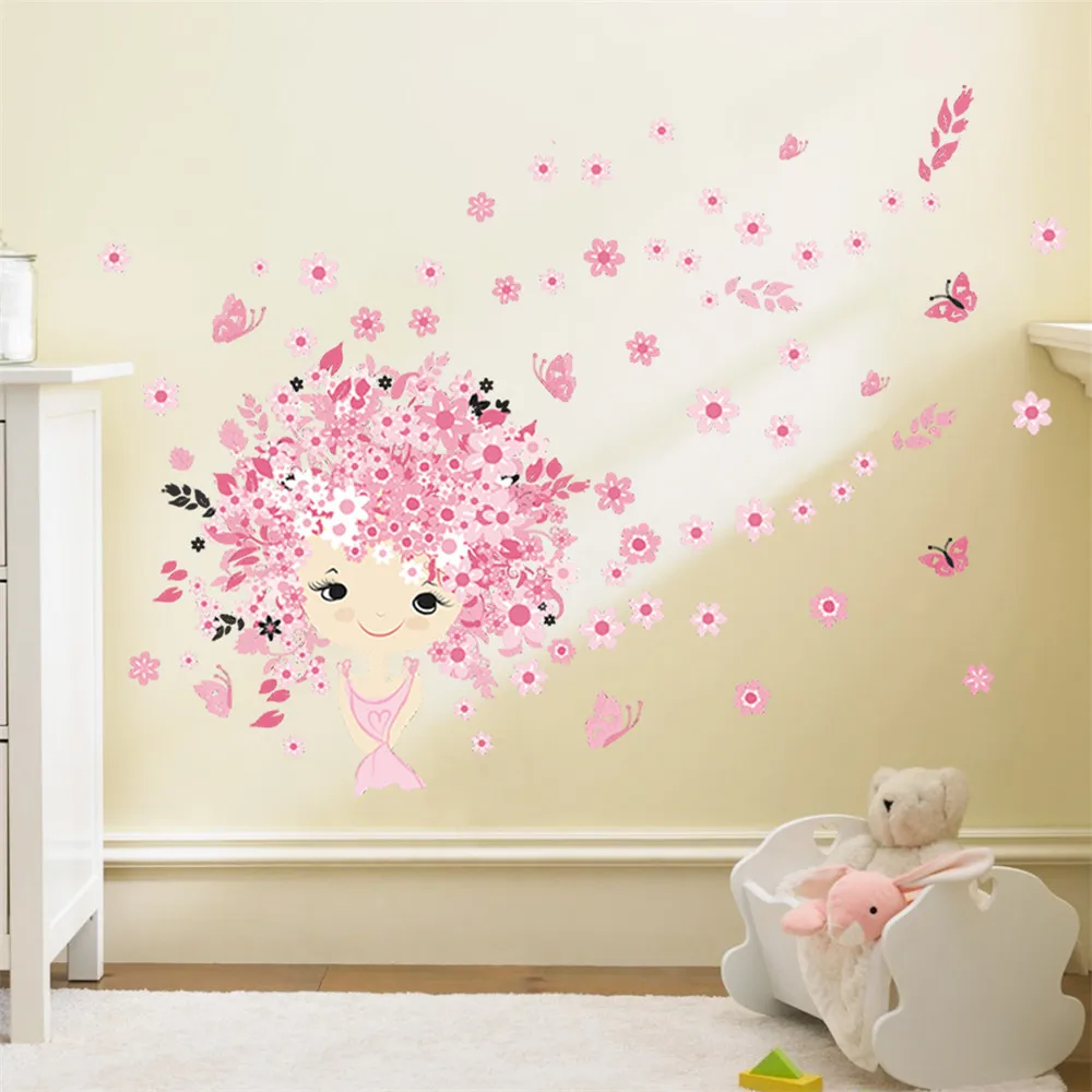 

flower Flower Fairy pink cute baby girl Mermaid butterfly home decor wall sticker for girls baby kids room wall art diy poster