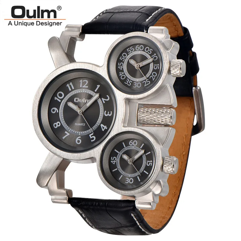 Leather Black Oulm часы модель 1167 мужские наручные часы повседневные с кожаным сетчатым стальным ремешком кварцевые часы с тремя часовыми поясами спортивные мужские часы - Цвет: Leather Black