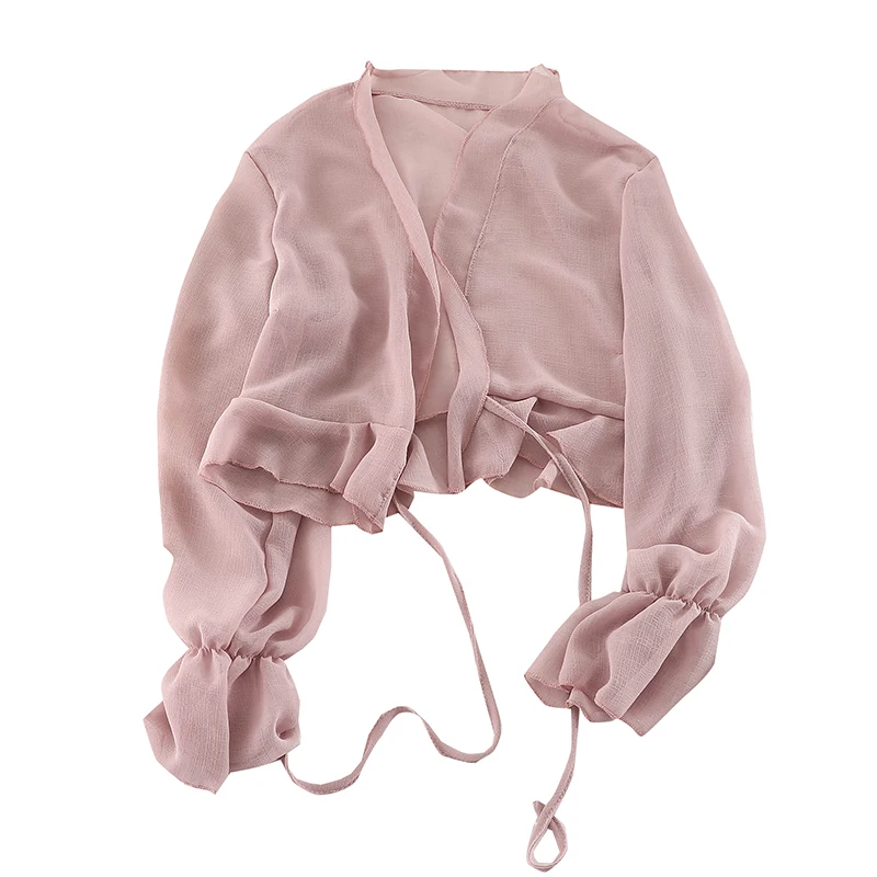 Новинка 2019 модная женская блузка рубашка весенняя на бретелях шифон короткий