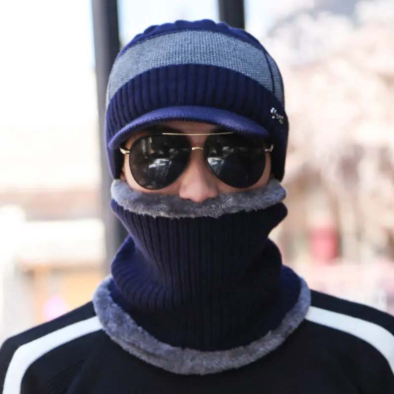 Зимние Шапки для Для мужчин Skullies шапочки женский Gorras плюс бархат Для женщин шарф Кепки комплект Балаклава маска Gorras капот мужской вязаный шляпа - Цвет: navy hat scarf set