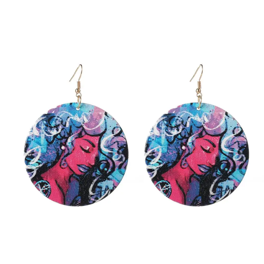 GZBEIYANG 2019 Ethnic Wooden Print African Woman Round Pendant Earrings for Vintage Jewelry Accessories Women Gifts | Украшения и