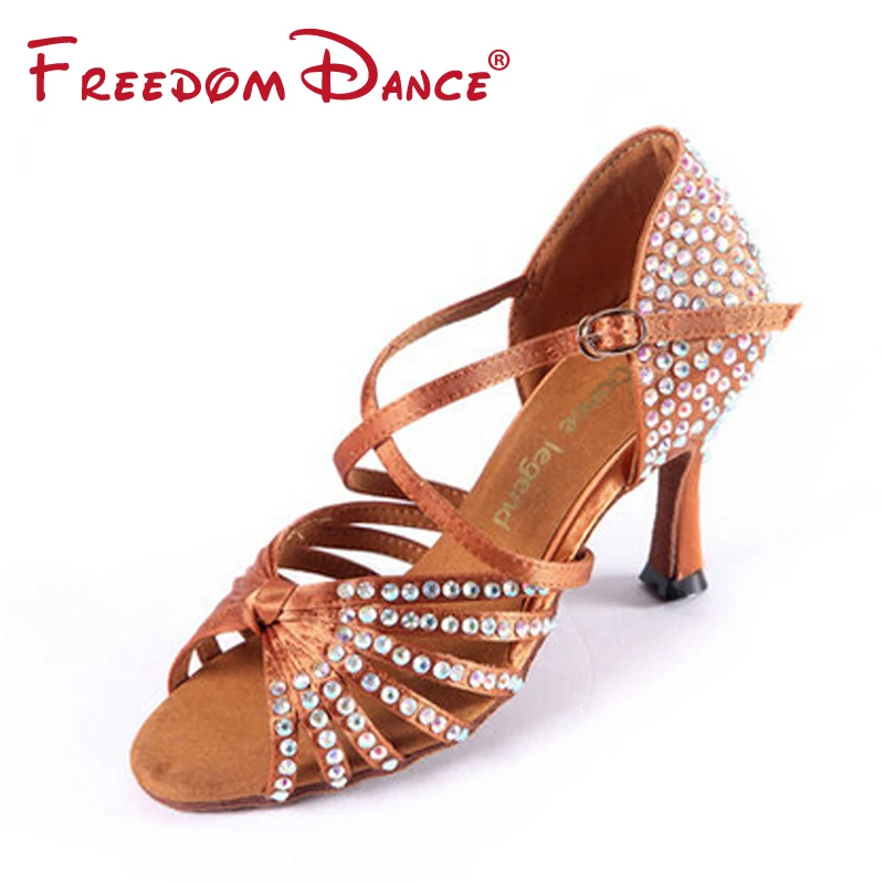 

High Quality Satin Upper Rhinestones Coverd High Heeled Women's Latin Dance Shoes Ballroom Tango Dancing Shoe Dark Tan Black