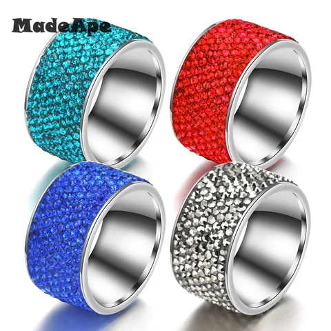 Обручальные кольца MadApe для женщин, ювелирные изделия из нержавеющей стали с 8 рядами кристаллов и фианитов, белого, синего, красного, зеленого цветов