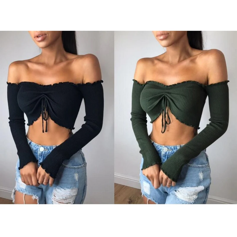 Women Blouse Female Casual Long Sleeve T blouse Solid Sexy Tops Tees For Lady And Girls Slash Neck Lace-Up Spring |