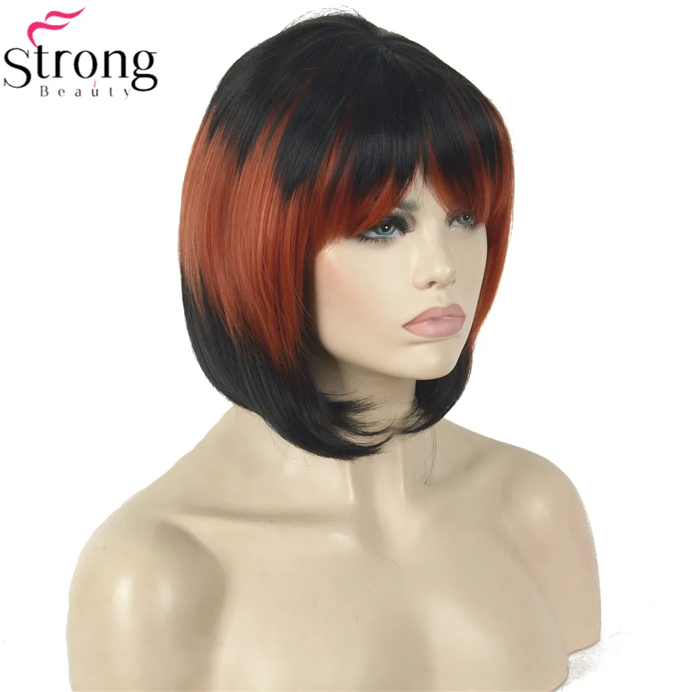StrongBeauty парик для косплея красный/черный микс аккуратный взрыва Боб стрижка женский синтетический парик