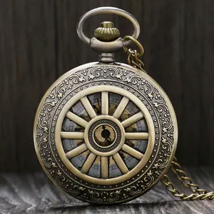 Часы кварцевые карманные в ретро-стиле, бронзовые ретро-часы с полым рисунком, с цепочкой и ожерельем, подарок для мужчин и женщин