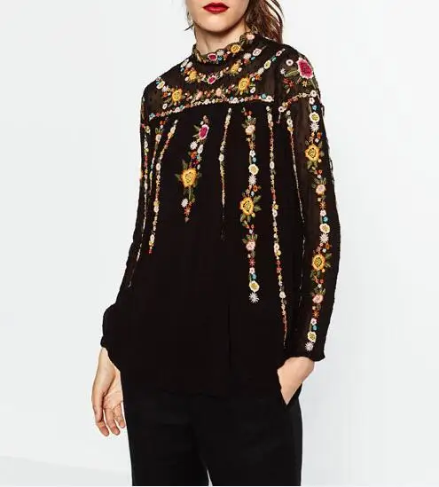 Новинка 2017 черная туника в стиле бохо с высоким воротником и длинными рукавами