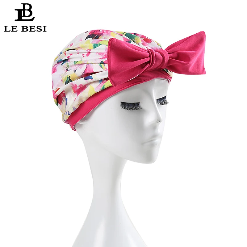 

LE BESI 2017 Sexy Flower Bowknot Women Swimming Cap Waterproof PU Swim Cap Pleated knot Beach Cap Elastic Bathing Swimming Hat