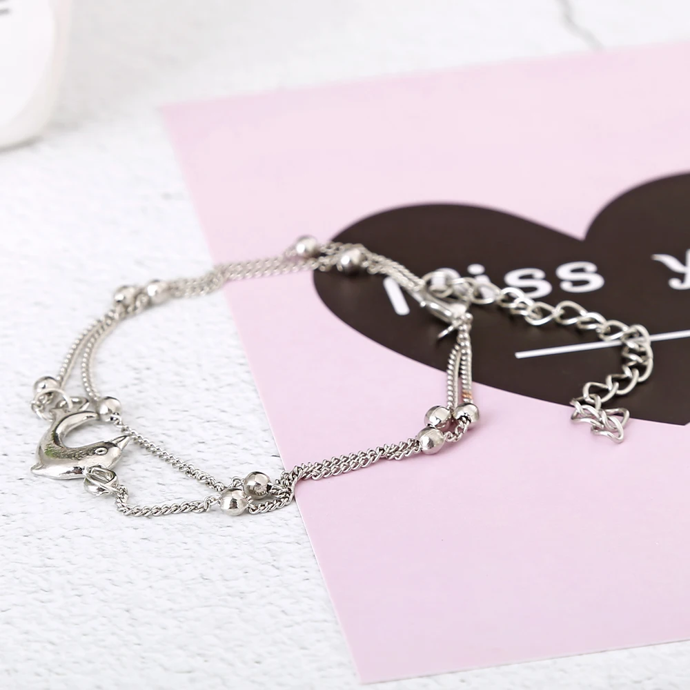 XIYANIKE Vintage Simple Multilayer Animal Dolphin Beads Anklets For Women Charms Silver Color Foot Chain Jewelry Beach Sea Gift | Украшения