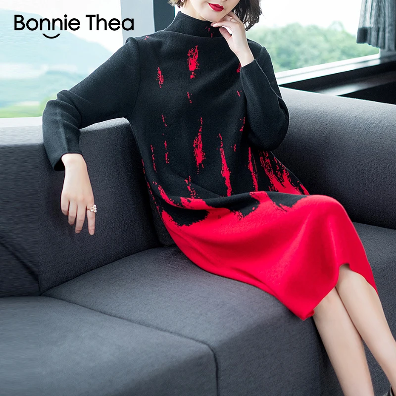 Женское трикотажное платье bonnie thea Осеннее винтажное платье-свитер с высоким