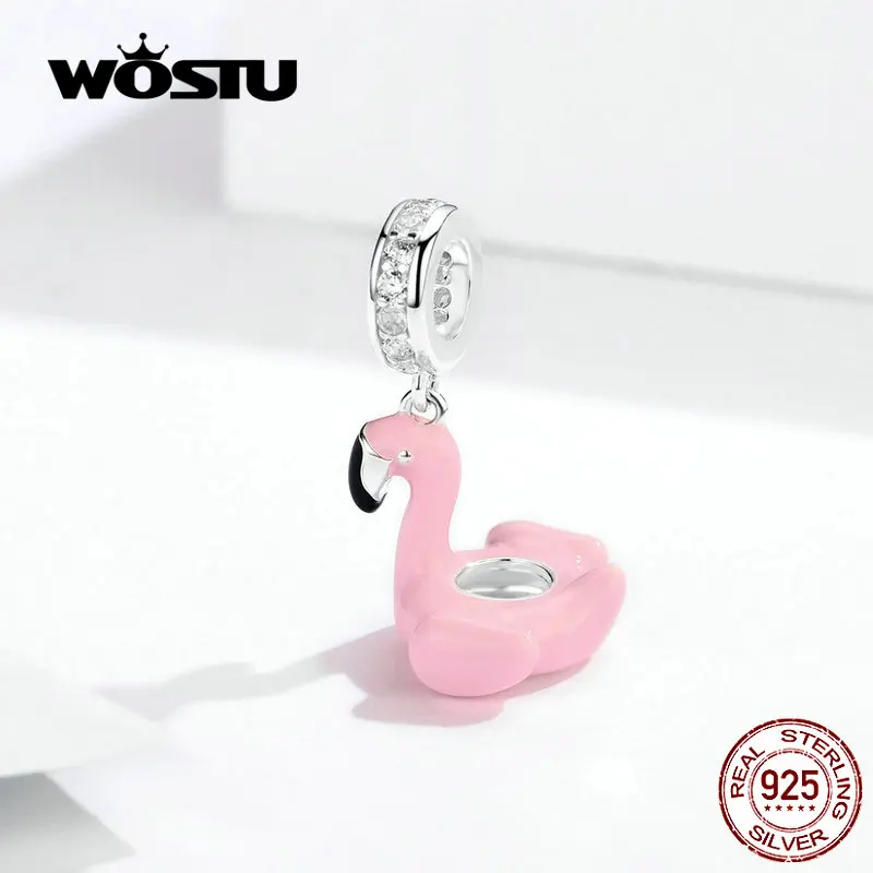 WOSTU, Розовый фламинго, подвеска, шарм, 925 пробы, серебро, циркон, бусины, подходят к оригинальному браслету, подвеска, серебро 925, ювелирное изделие CQC1240