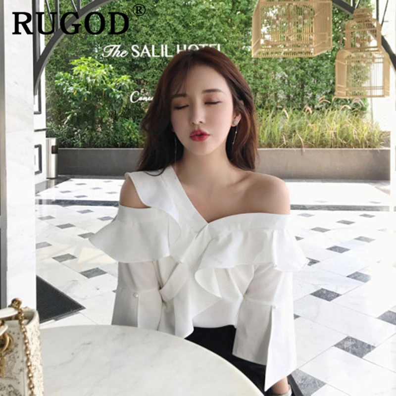 RUGOD 2020 белые шифоновые женские блузки на одно плечо элегантные плиссированные
