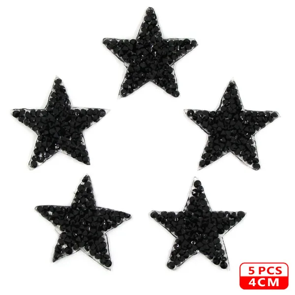 4cm Black 5pcs Стразы со звездами, смешанные размеры, нашивки, нашивки с вышивкой, термо-Стикеры для одежды, 5 видов цветов, блестки, нашивки для одежды, сделай сам - Цвет: 4cm Black 5pcs