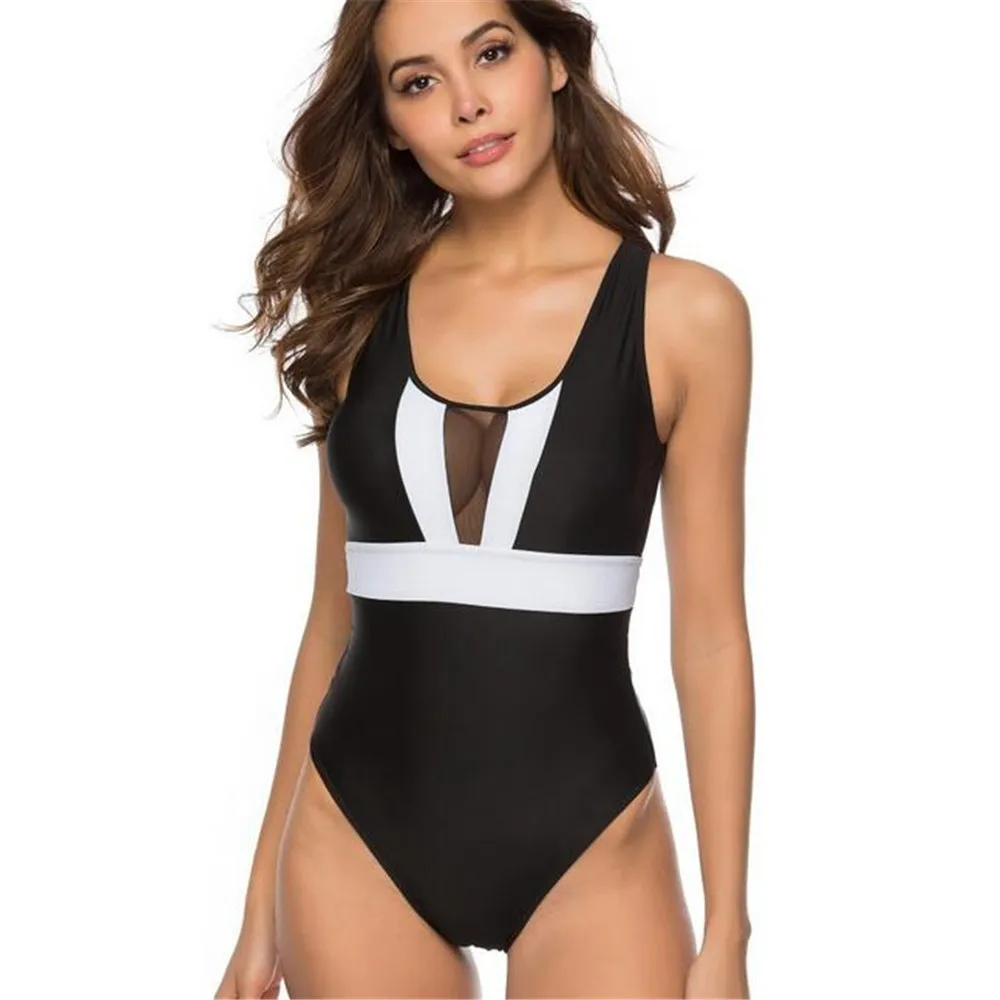 Sexy Mesh Splicing One Piece Bikini Solid Swimwear Bodysuit Women Open Back Slim Swimsuit Beachwear For Swimming | Спорт и