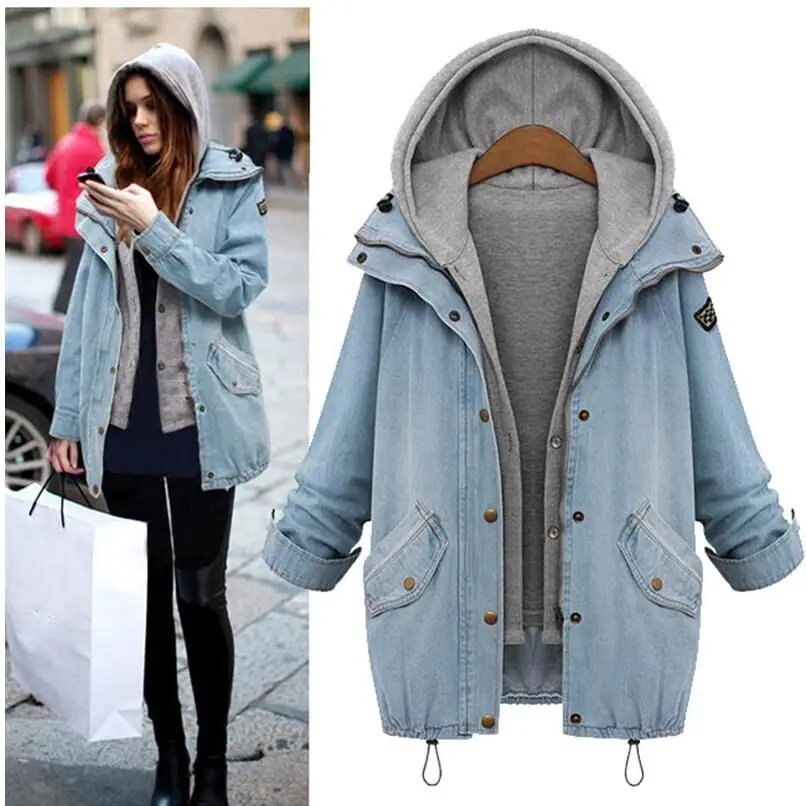 Photo Color Женская джинсовая куртка пальто Veste Femme двухсекционная куртка весна осень с капюшоном бомбер размера плюс женский джинсовый жакет G288 - Цвет: Photo Color
