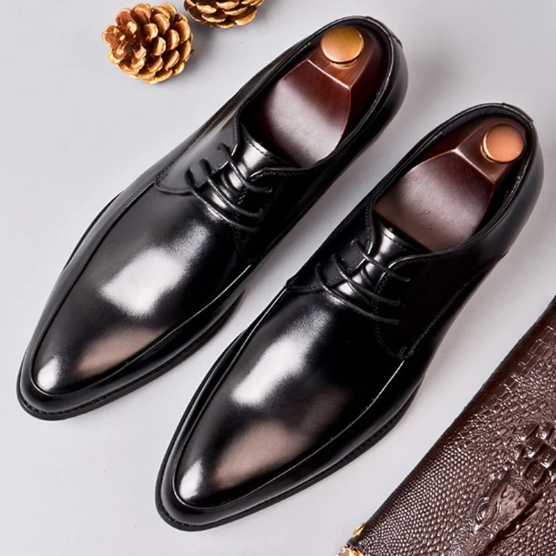 Classic Man Formal Dress Derby Office Shoes Genuine Leather Handmade Wedding Party Flats Pointed Toe Men's Basic Footwear SS367 | Обувь