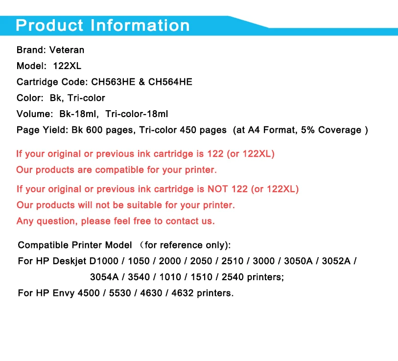 Ветеран 122XL сменный картридж для принтера для hp 122 hp 122 XL Deskjet 3000 3052A 3054 3540 D1000 Envy 5530 4632 принтеры