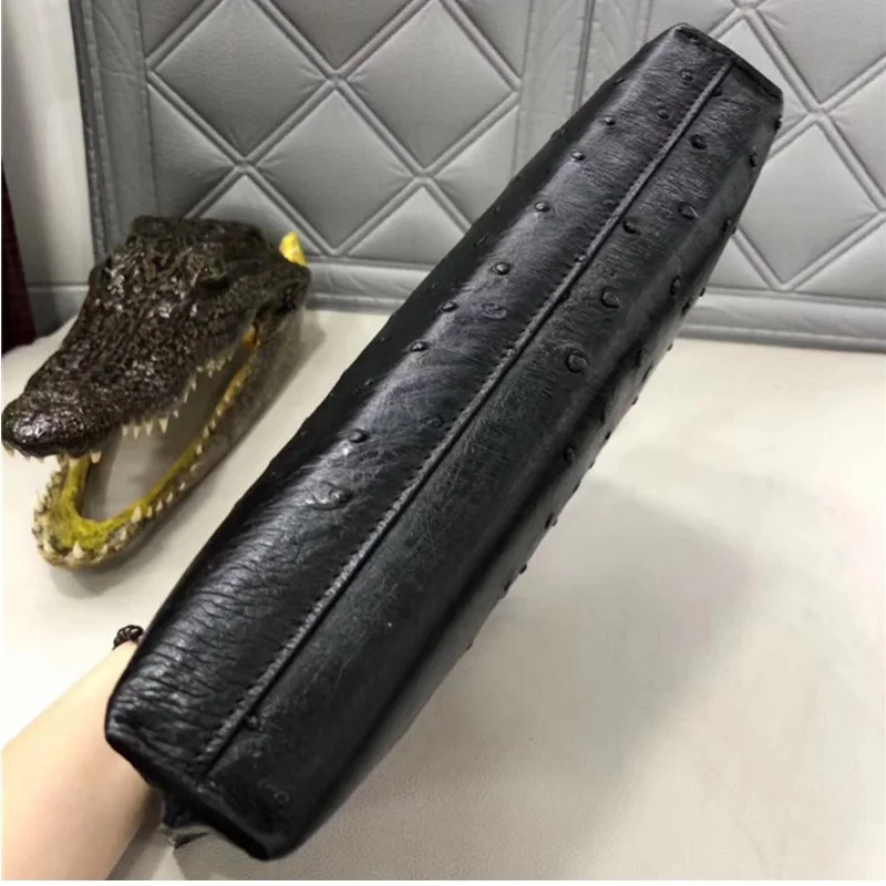 Настоящий кошелек на молнии из кожи страуса деловой черный клатч сумочка