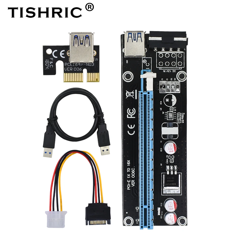 TISHRIC 10 шт. 2018 PCI E Express PCIE Riser Card 1x к 16x USB 3 0 SATA 4Pin Molex адаптер питания для майнинга