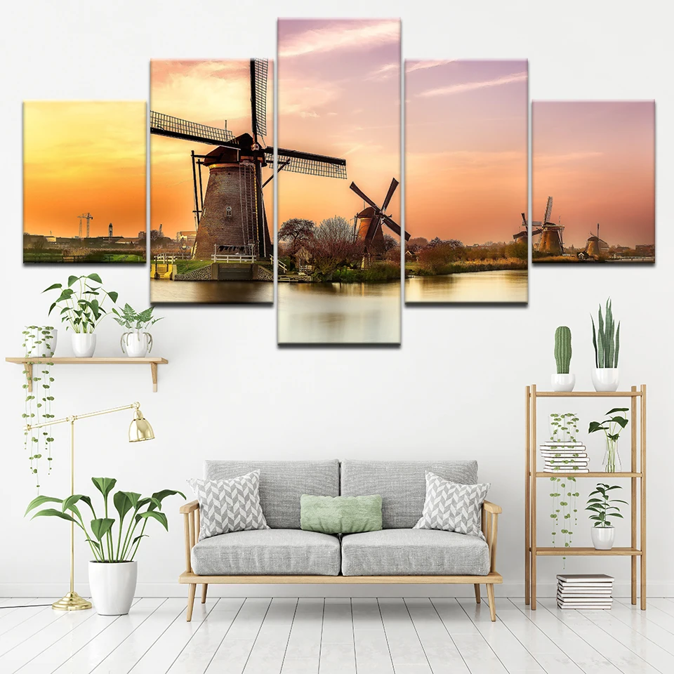 Canvas Painting Dutch factory Kinderdijk windmill 5 Pieces Wall Art Modular Wallpapers Poster Print Home Decor | Дом и сад