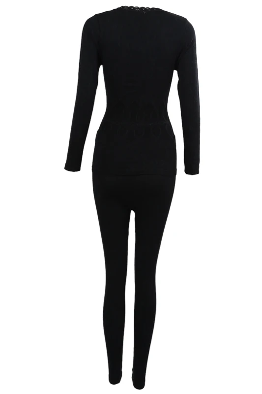 Women Round Neck Thermal Set Winter Tops&ampPants Long Johns Pajama Sets Black | Женская одежда